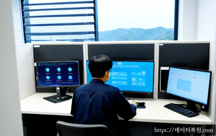 중대동 STATUS_PROTECTION_ERROR - Photorealistic IT support workstation in a modern office near a quiet Seoul suburban district, dual ...