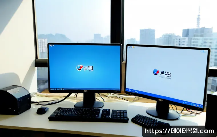 월곡동 UDFS_FILE_SYSTEM - Photorealistic IT support workstation in a compact Wolgok-dong office, dual monitors showing a blank...