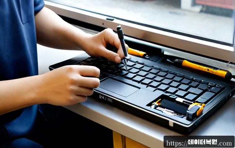 마천동 맥북에어 판매 및 수리 - Photorealistic electronics repair workstation in a compact neighborhood shop, slim silver ultraporta...