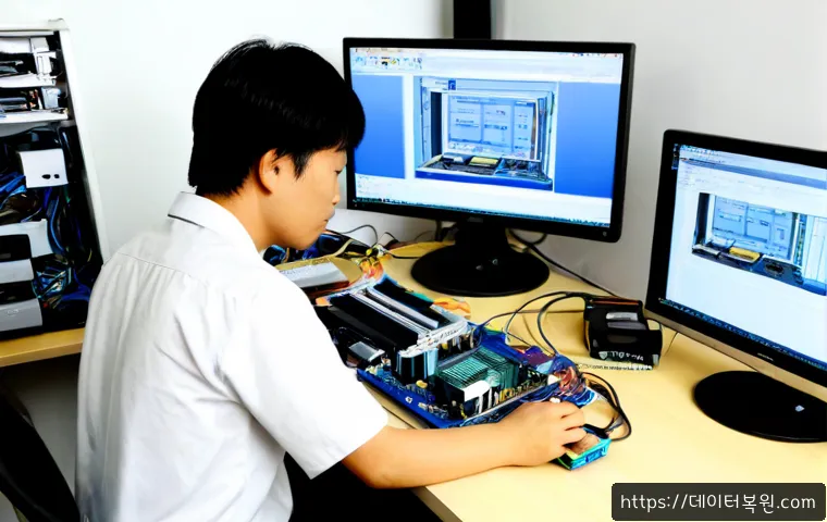장사동 VGA조립 및 교체수리 - Photorealistic computer repair workstation in a compact Jangsa-dong electronics workshop, technician...