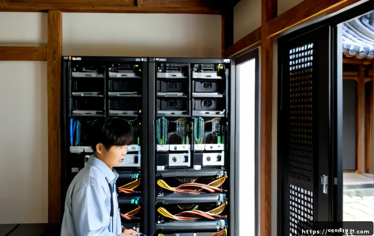 익선동 server출장방문수리점 - Photorealistic onsite server repair inside a compact Ikseon-dong traditional courtyard office, techn...