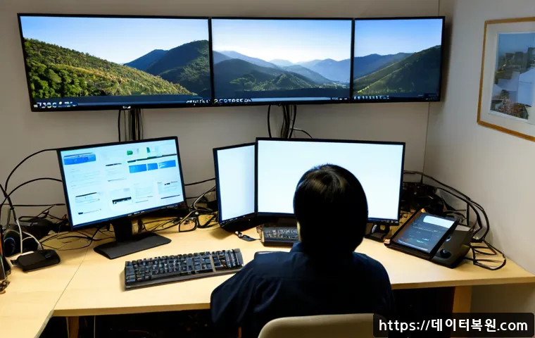 벽제동 STATUS_FLOAT_OVERFLOW - Photorealistic remote-support workstation in a quiet suburban office near low wooded hills, dual mon...