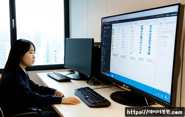 구산동 STATUS_DEVICE_OFFLINE - Photorealistic IT support workstation in a compact Gusan-dong office, dual monitors showing a muted ...