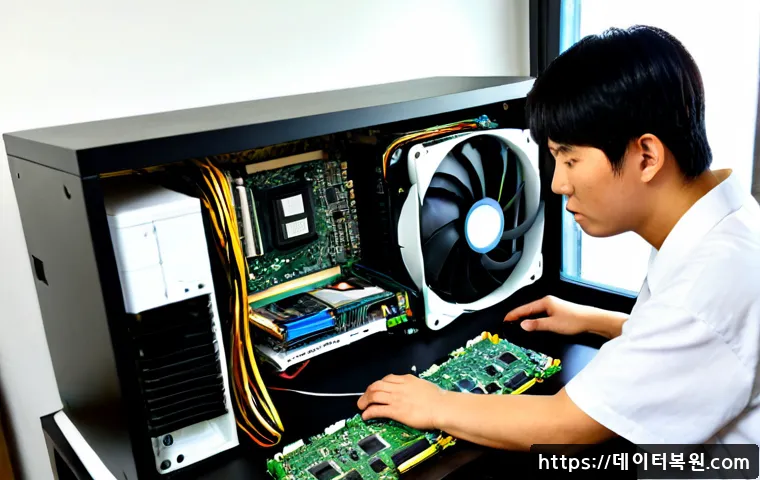 삼송동 그래픽카드조립 및 교체수리 - Photorealistic computer repair bench in a Samsong-dong apartment home office, technician carefully i...
