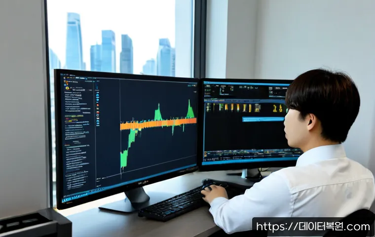 길동 SOFTWARE_EXCEPTION - Photorealistic IT support workstation in a compact modern office near Gildong, dual monitors showing...