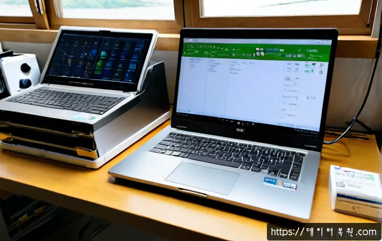 선유동 맥북프로 판매 및 수리 - Photorealistic premium laptop resale counter in a quiet Seonyudo neighborhood electronics workshop, ...
