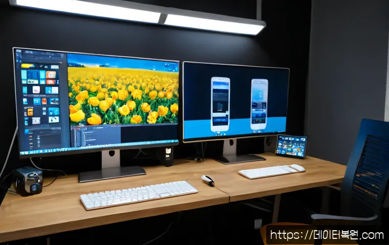 홍익동 블루스크린 - Photorealistic remote IT support workstation in a compact Hongik-dong creative studio, dual monitors...