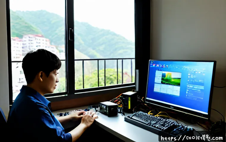 돈암동 부팅불가 - Photorealistic PC repair workstation in a compact Donam-dong apartment office, desktop tower open be...