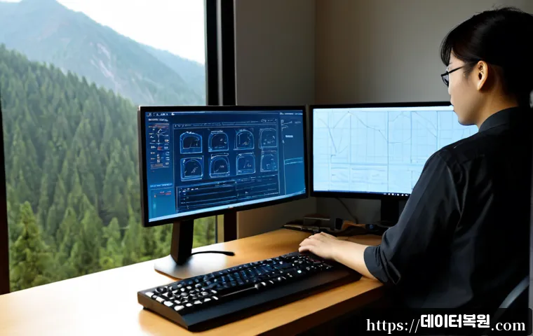 우이동 STATUS_PRIVILEGED_INSTRUCTION - Photorealistic remote support workstation in a quiet mountain-edge neighborhood, dual monitors showi...