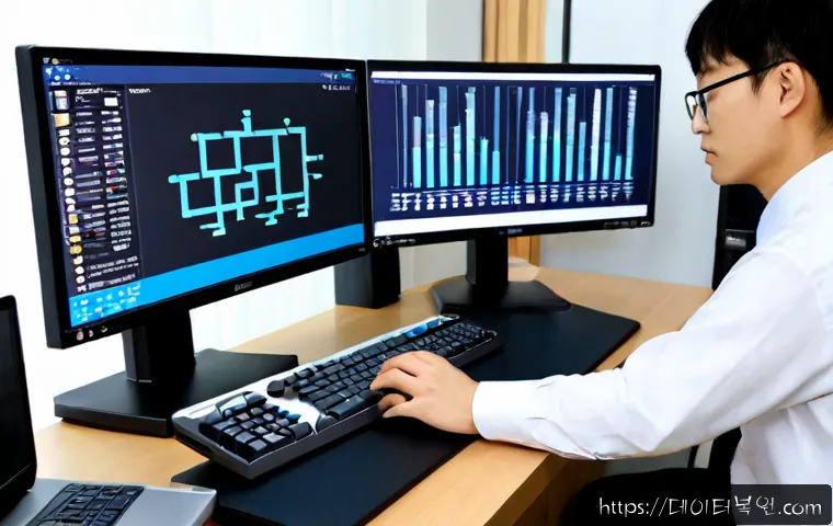 동작구 STATUS_KERNEL_REGISTRY_ERROR - Photorealistic IT support workstation in a compact Dongjak-gu office, dual monitors showing a nonver...