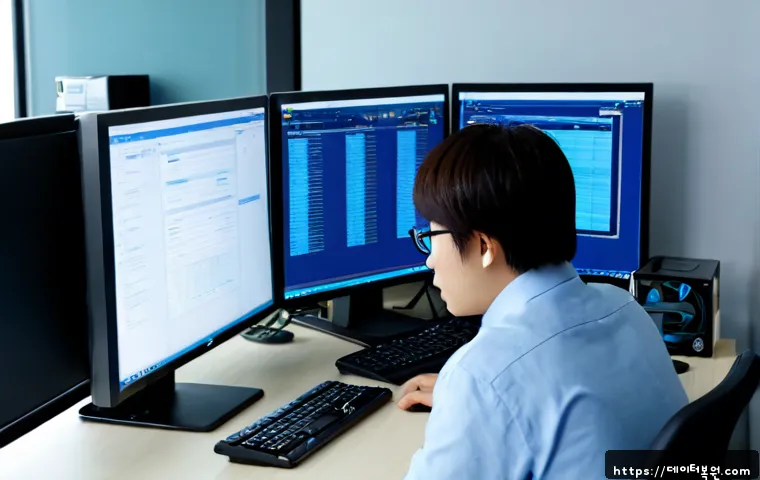 대신동 DRIVER_POWER_STATE_FAILURE - Photorealistic IT support workstation in a compact Daesin-dong office, dual monitors showing a non-r...
