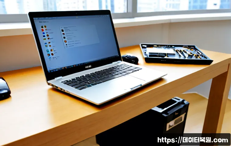 과천시 맥북에어 판매 및 수리 - Photorealistic product workstation in a bright Gwacheon apartment office, ultra-thin silver laptop o...