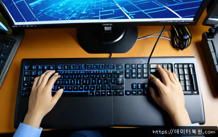 상면 INVALID_KERNEL_HANDLE - Photorealistic overhead view of a modern IT support workstation, dual monitors showing an abstract b...