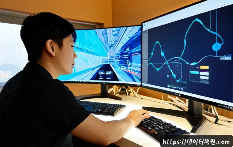 신수동 DRIVER_CORRUPTED_EXPOOL - Photorealistic IT support workstation in a compact Sinsu-dong apartment office, dual monitors showin...