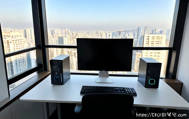 순화동 STATUS_DISK_NOT_INITIALIZED - Photorealistic IT support workstation in a compact Sunhwa-dong office, dual monitors showing an abst...