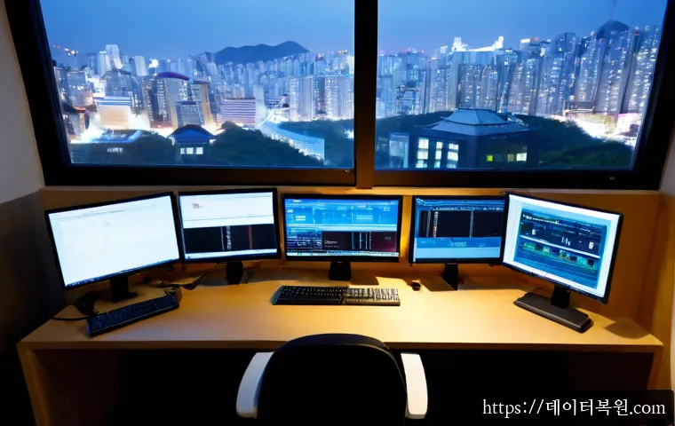 약수동 STATUS_SECURITY_POLICY_VIOLATION - Photorealistic IT security workstation in a compact hillside Seoul apartment office, dual monitors s...