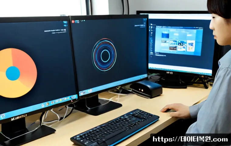 묵정동 자동복구 - Photorealistic IT support workstation in a compact central Seoul office near an older low-rise neigh...