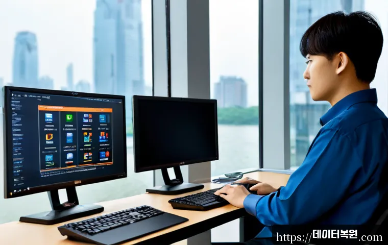 여의도 STATUS_IMAGE_NOT_FOUND - Photorealistic remote IT support workstation in a high-rise Yeouido office, dual monitors displaying...