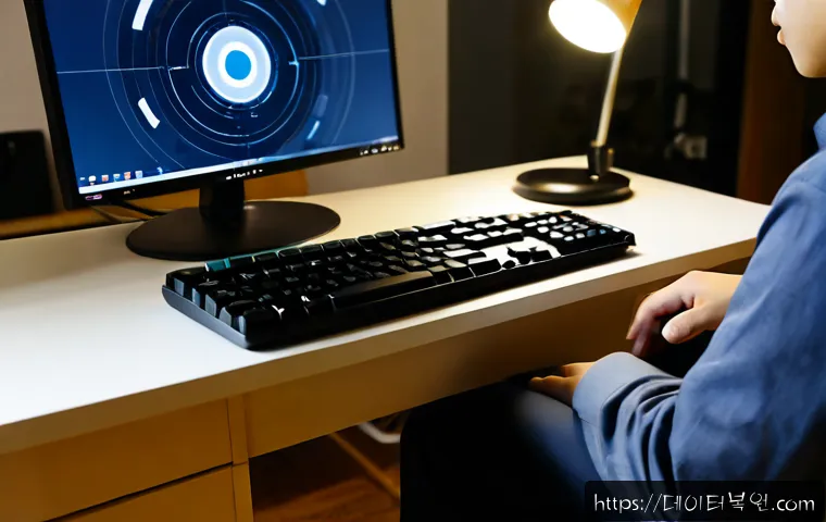원남동 press  f4  key - Photorealistic remote-support workstation in a compact Wonam-dong office, a technician’s hand pressi...