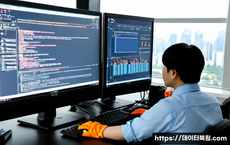 목동 악성코드 바이러스 - Photorealistic IT support workstation in Mokdong, Seoul, dual monitors showing abstract malware dete...