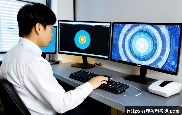 남영동 STATUS_CONTROL_C_EXIT - Photorealistic IT support workstation in a compact Namyeong-dong office, engineer pressing a keyboar...