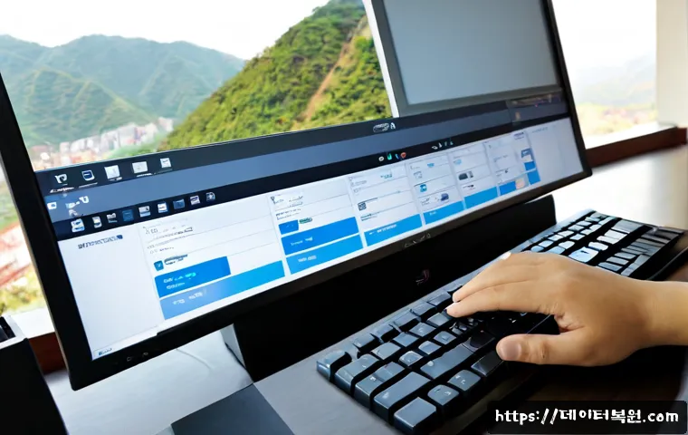 후암동 press  f4  key - Photorealistic remote-support workstation in a compact Huam-dong apartment office, close-up of a han...