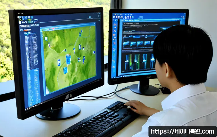 옥인동 VIDEO_TDR_FAILURE - Photorealistic IT support workstation in a quiet hillside neighborhood office, dual monitors showing...