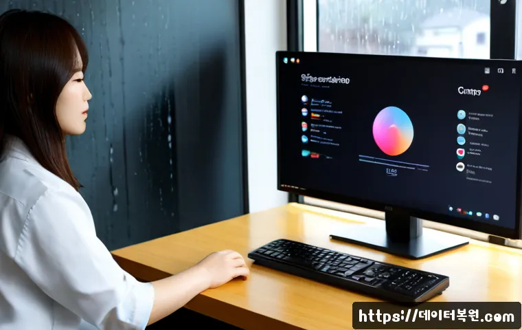 마천동 절전모드 - Photorealistic remote-support workstation in a compact apartment office, dual monitors showing a gen...