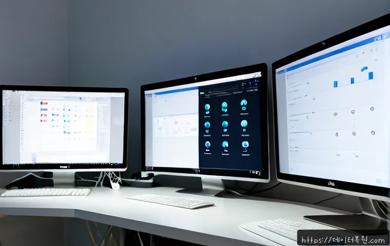 동대문 IO1_INITIALIZATION_FAILED - Photorealistic software support workstation in a Dongdaemun fashion design studio, dual monitors sho...