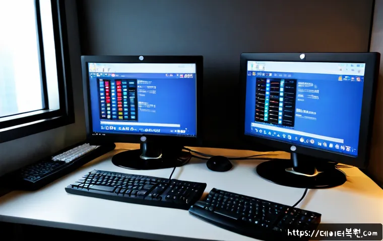 도렴동 STATUS_DISK_FULL - Photorealistic IT support workstation in a compact Doryeom-dong office, dual monitors showing a clea...