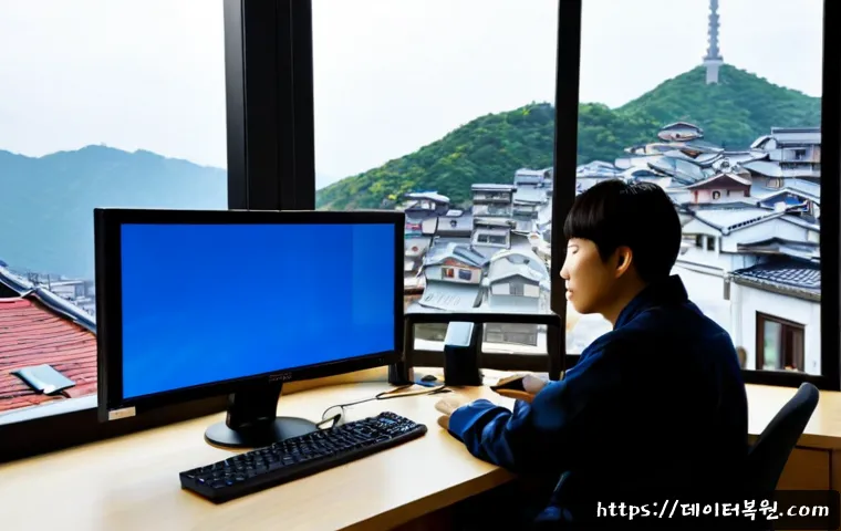 인수동 KERNEL_DATA_INPAGE_ERROR - Photorealistic remote-support workstation in a compact hillside Seoul apartment, desktop monitor sho...