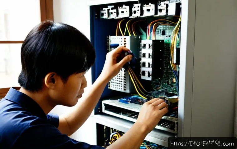 사간동 파워조립 및 교체수리 - Photorealistic computer repair workstation in Sagandong, technician carefully installing a modular p...