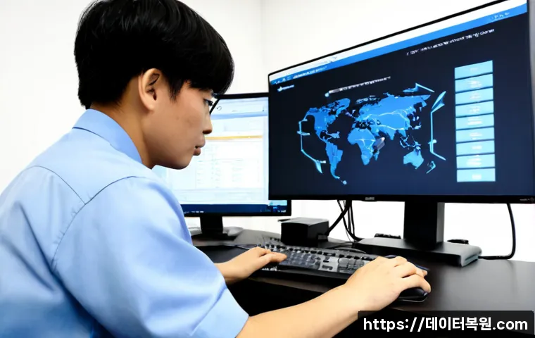 신평동 FAT32_FILE_SYSTEM - Photorealistic remote IT support workstation in a compact coastal industrial office, desktop monitor...