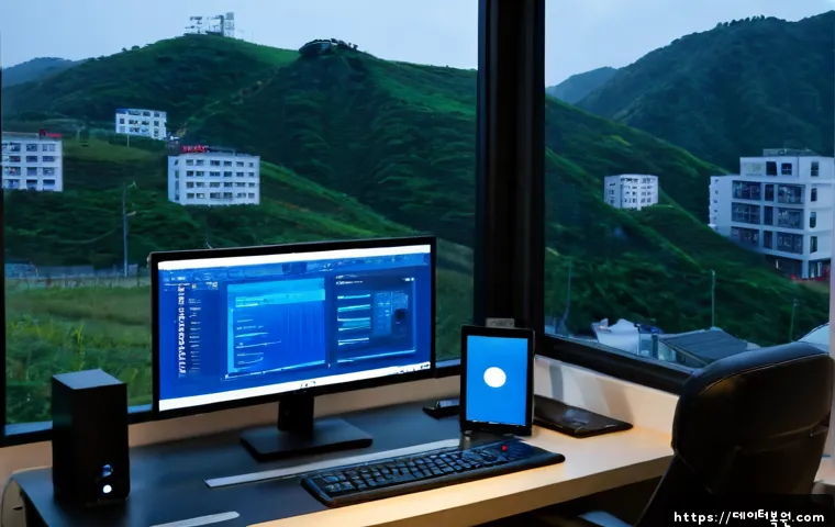 망우동 STATUS_KERNEL_HEAP_CORRUPTION - Photorealistic IT support workstation in a Mangwoo-dong apartment office, dual monitors showing an a...
