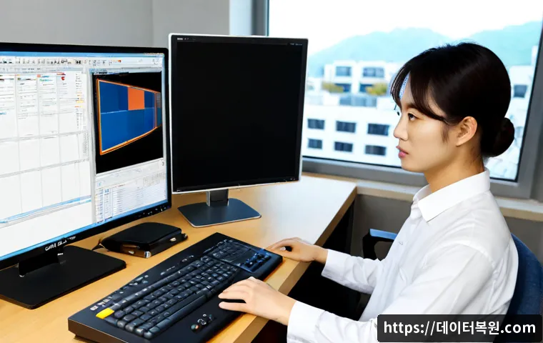 동산동 STATUS_DISK_FULL - Photorealistic Korean design studio in Dongsan-dong, stressed technician at a dual-monitor workstati...