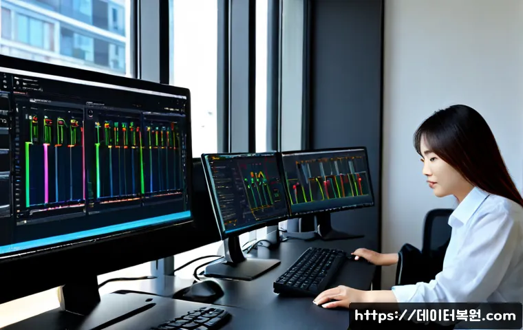 도원동 VIDEO_MEMORY_MANAGEMENT_INTERNAL - Photorealistic IT support workstation in a compact Dawon-dong office, dual monitors showing abstract...