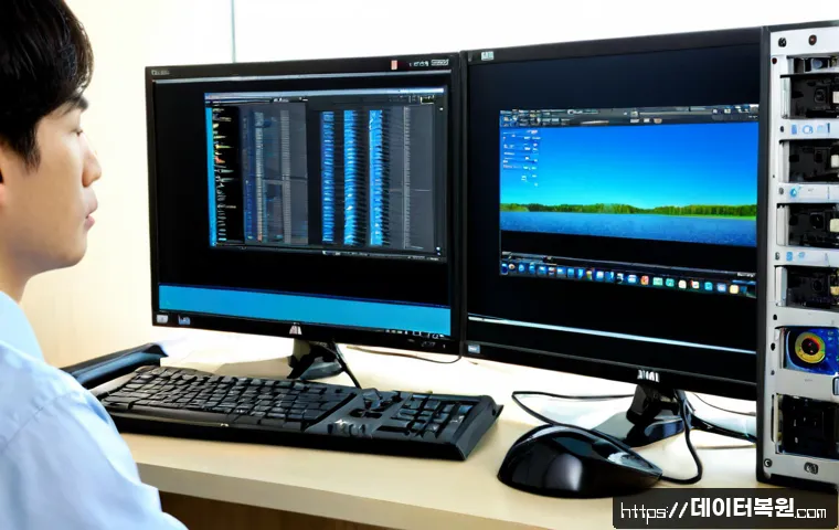 암사동 STATUS_KERNEL_DRIVER_CORRUPTION - Photorealistic IT support workstation in Amsa-dong, Seoul, dual monitors showing a blank blue system...
