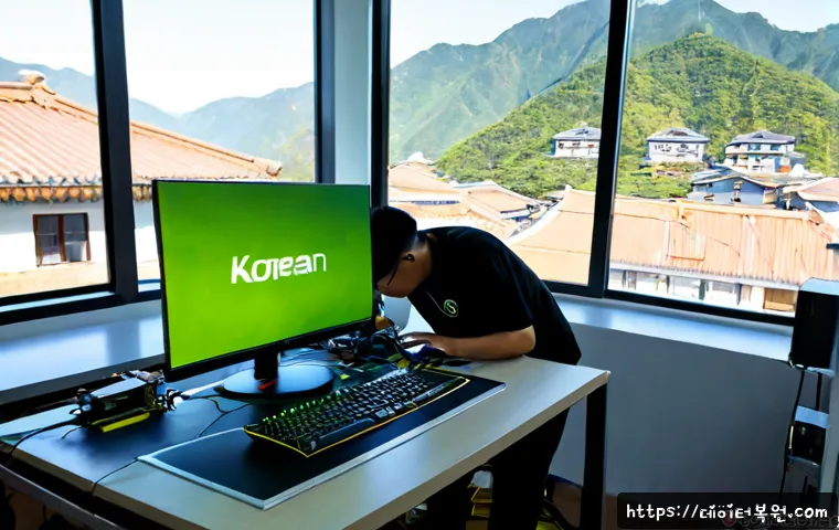 진관동 VGA조립 및 교체수리 - Photorealistic computer repair workstation in Jinguandong, a technician carefully installing a moder...