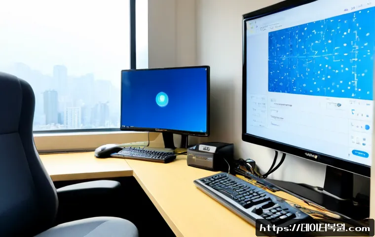 냉천동 CRITICAL_PROCESS_DIED - Photorealistic remote-support workstation in a compact Cheongnyangni neighborhood office, dual monit...
