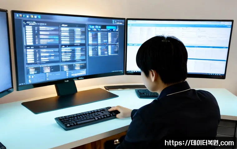 오장동 STATUS_KERNEL_ACCESS_DENIED - Photorealistic IT support workstation in a compact Ojang-dong office, dual monitors displaying abstr...