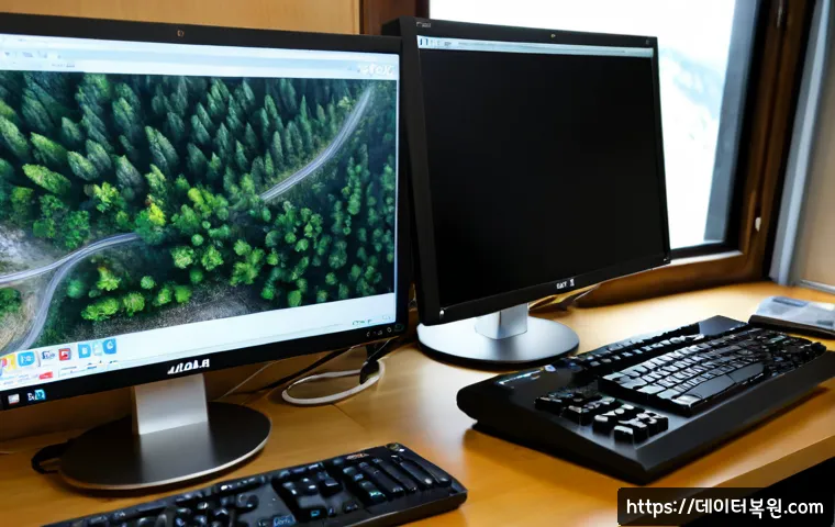 설악면 STATUS_MEMORY_ACCESS_DENIED - Photorealistic remote support workstation in a quiet mountain-edge office, dual monitors showing abs...