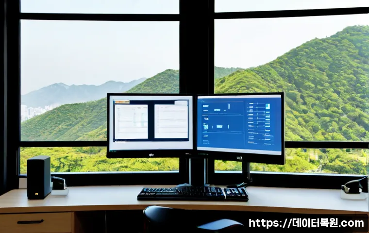 성북동 STATUS_KERNEL_HANDLE_INVALID - Photorealistic remote-support workstation in a refined hillside home office, dual monitors showing a...