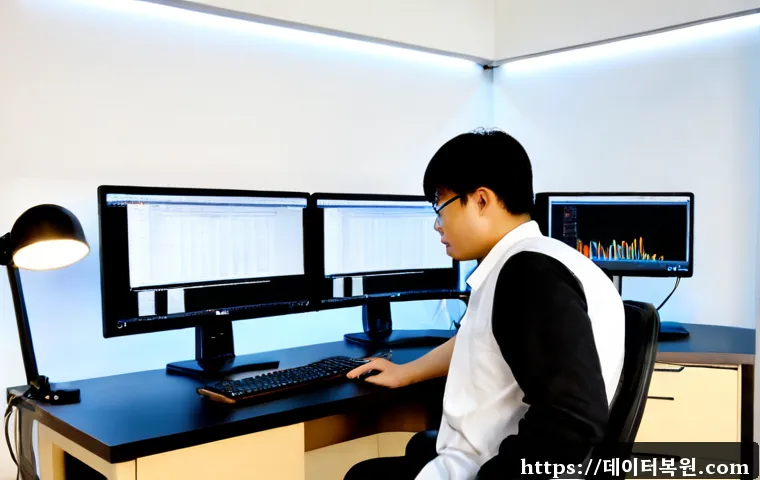 문배동 STATUS_FILE_LOCK_CONFLICT - Photorealistic IT support workstation in a compact Munbae-dong office, Korean professional reviewing...