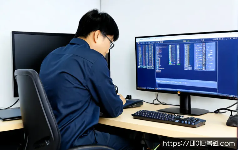 주암동 STATUS_KERNEL_INIT_FAILURE - Photorealistic IT support workstation in a quiet Juwam-dong office, desktop tower open beside a dual...