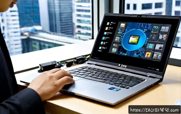 서린동 노트북 laptop 출장방문수리점 - Photorealistic onsite laptop repair at a compact downtown office workstation, technician replacing a...