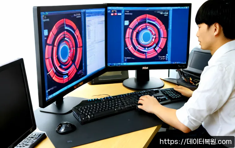 원신동 STATUS_MEMORY_VIOLATION - Photorealistic IT support workstation in a compact urban Korean office near Wonsin-dong, dual monito...