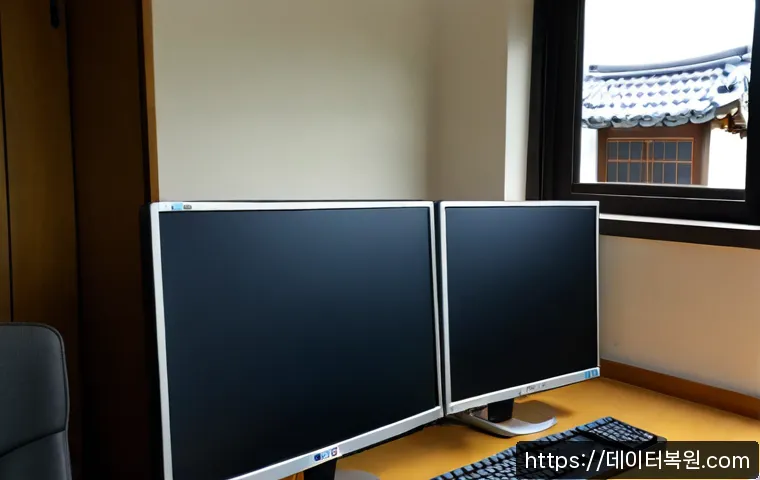 공평동 STATUS_FILE_WRITE_FAILURE - Photorealistic IT support workstation in a compact Gongpyeong-dong office, dual monitors showing a b...
