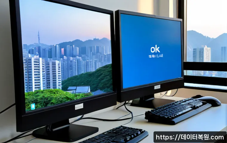 삼양동 NDIS_INTERNAL_ERROR - Photorealistic IT support workstation in a compact hillside apartment office, dual monitors showing ...