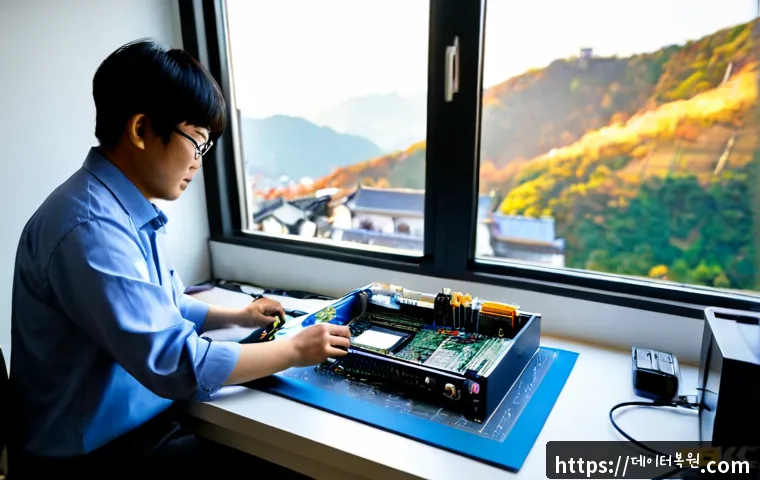 필동 메인보드조립 및 교체수리 - Photorealistic electronics repair workstation in a compact Pil-dong apartment office, technician car...