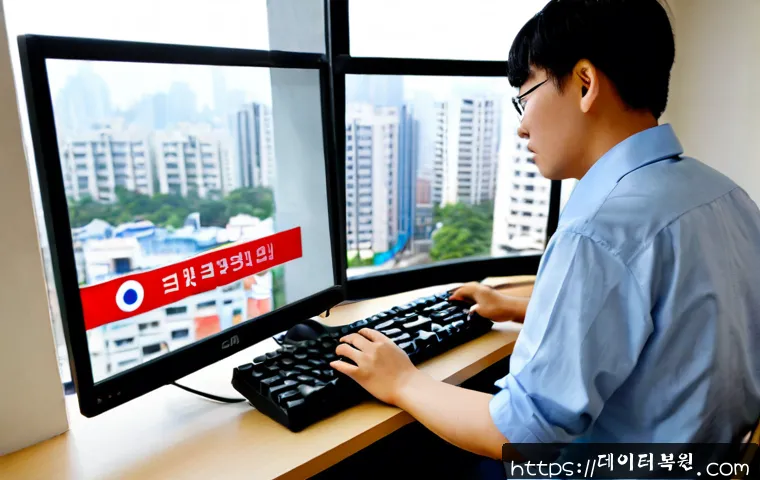 신도동 STATUS_FILE_WRITE_FAILURE - Photorealistic remote-support workstation in Sindo-dong, Seoul, an IT technician examining a dual-mo...